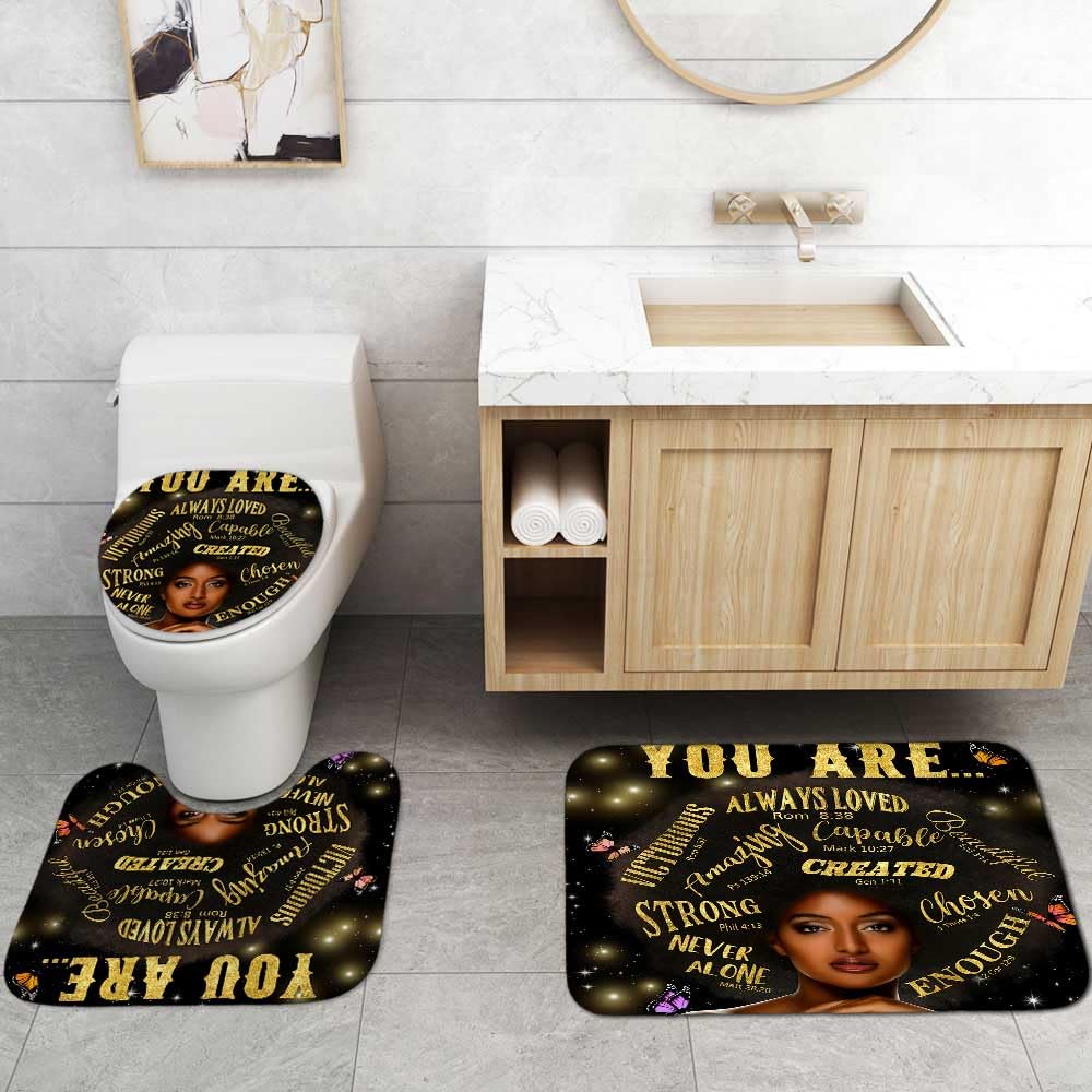 Jayden Madge 4PCS Afro Black Girl Shower Curtain Set, Purple Orange Butterfly Gold Glitter Motivational Quotes Elegant Melanin Queen African American Woman Bathroom Decor, Non-slip Bath Mat Toilet Rug