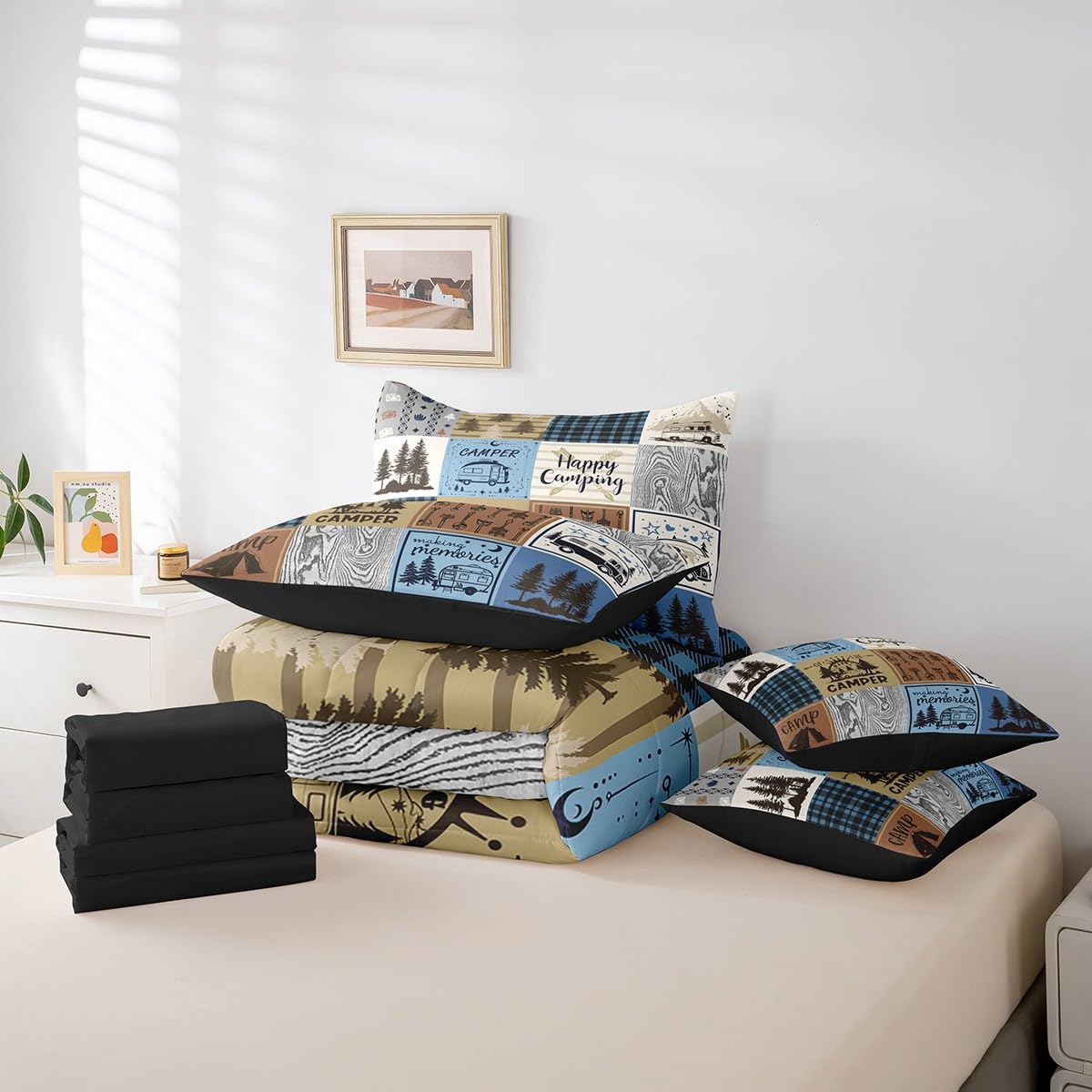 Erosebridal Happy Camping Bedding Set Queen Rv Camper Comforter Set 7 Piece for Travel Trailers Bunks,Rustic Buffalo Plaid Pine Trees Camper Car Decor Bed in A Bag Rv Accessories for Inside Bed Set