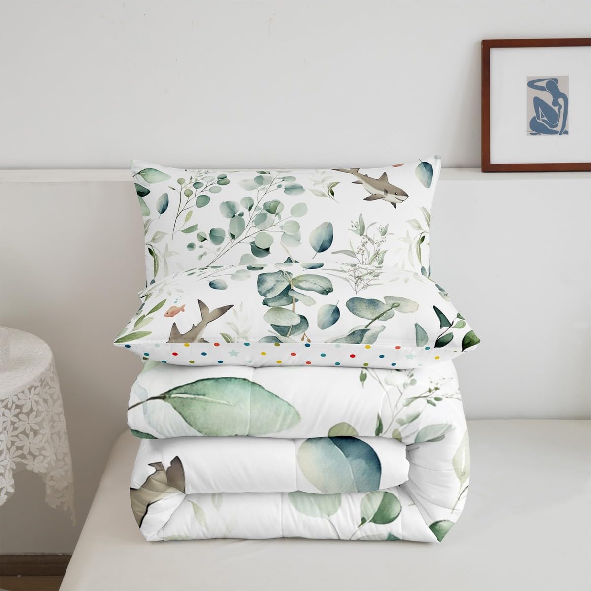 Erosebridal Girls Kawaii Animal Bedding Twin Size Cute Shark Comforter Set Twin, Cartoon Wildlife Duvet Insert Green Leaf Quilt Comforter, Plant Bedding Comforters & Sets Child Kids Bedroom Decor