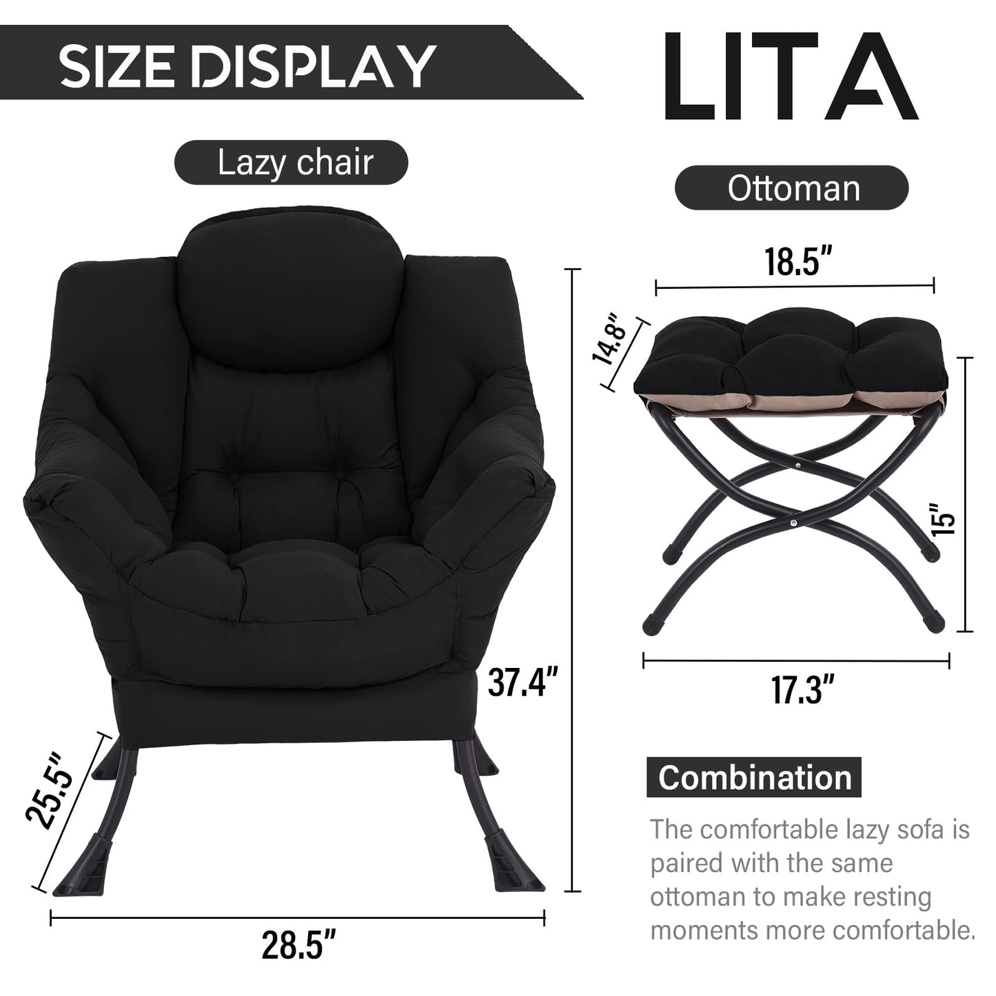 LITA Lazy Chair with Ottoman, Modern Accent Leisure Upholstered Sofa Chair, Contemporary Lounge Reading Chairs with Armrests and a Side Pocket for Living Room, Bedroom & Small Space, Black