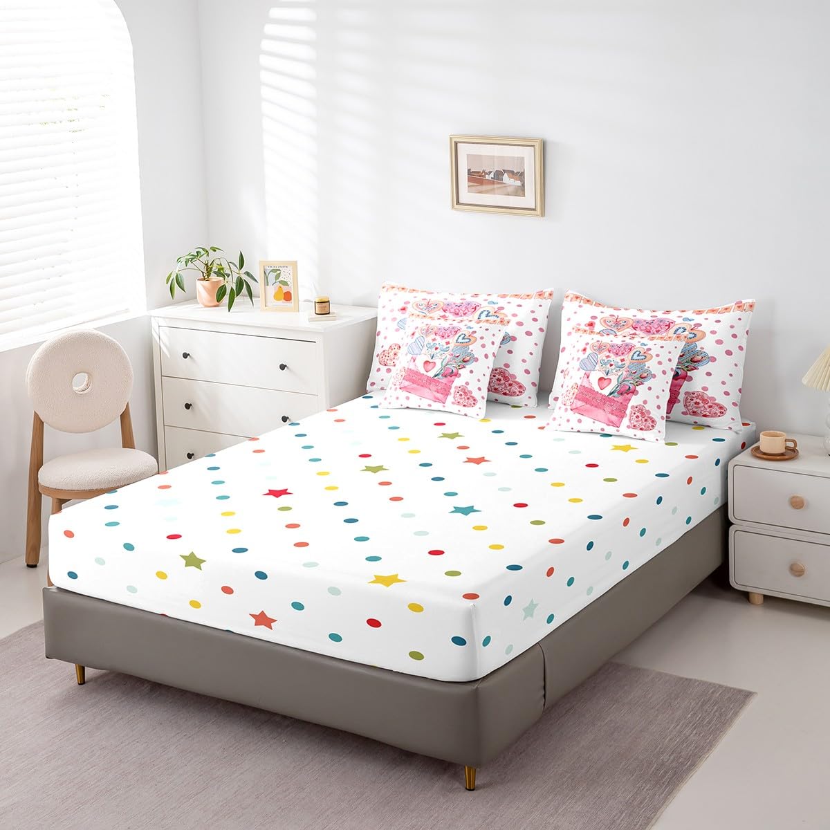 Feelyou Girls Like Cartoon Cute 7 Piece Bedding Set Queen Size Heart-Shaped Design Bed in a Bag for Adult Pink Envelope Comforter Set with Sheets Pink Polka Dot Room Decor Romantic Bed Set