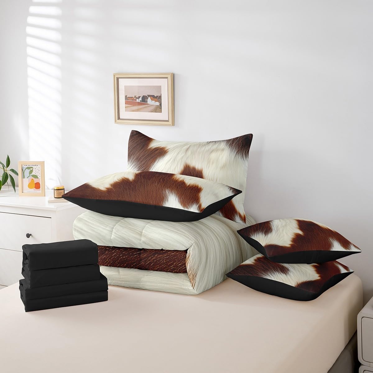 Erosebridal Brown Cowhide Teens Comforter Set 7 Piece Cute Cow Print Bedding Set King Size Western Cowboy Bed in A Bag for Kids Boys Adult Bedroom Animal Fur Country Sheets