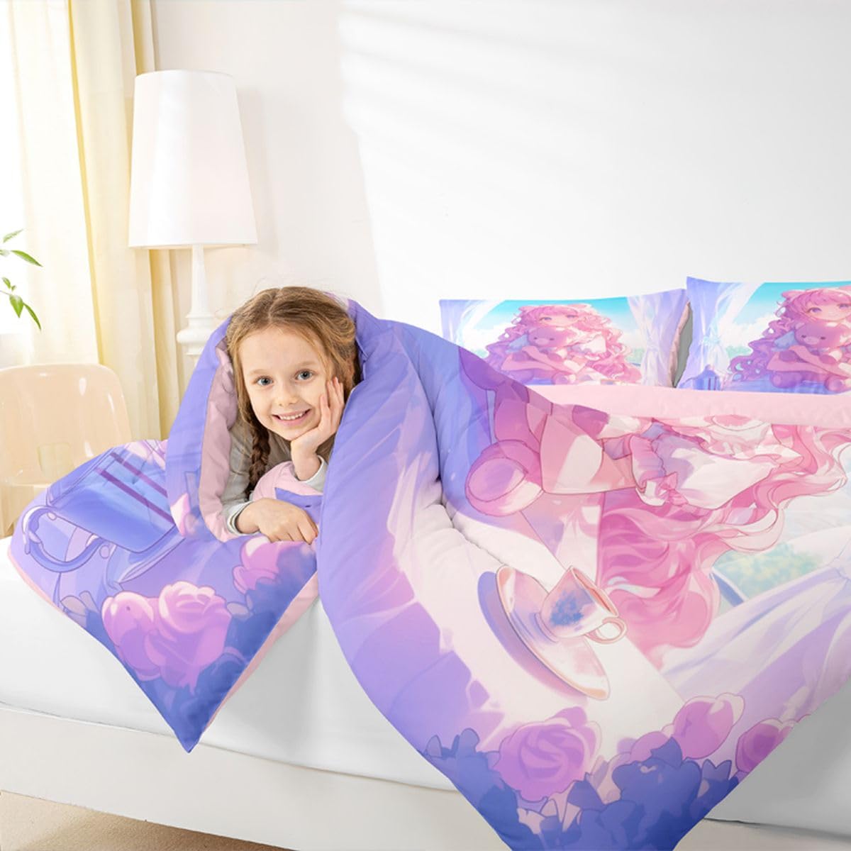 Erosebridal 3D Anime Girl Comforter Set Full, Japanese Girl Romance Love Bedding Cartoon Anime Gifts Bedding Comforter Sets, Rabbit Lovers Gifts - 1 Comforter 2 Pillow Cases