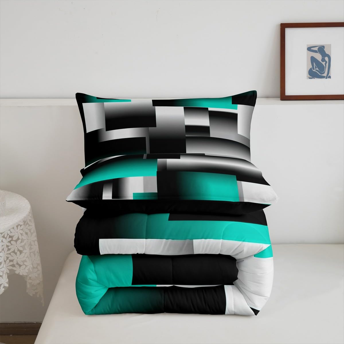 jejeloiu Teal Gray Black Abstract Comforter Set Full Size Modern Geometric Art Comforter Rectangle Room Decorative Bedding Set Quilt Set 3Pcs Duvet Set