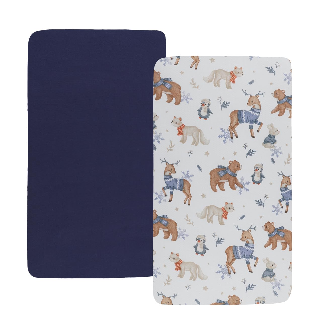 Tontukatu Stretchy Fitted Crib Sheets Set 2 Pack Portable Crib Mattress Topper for Baby Girl Boy,Ultra Soft Jersey Material, Dark Blue & Bear Deer