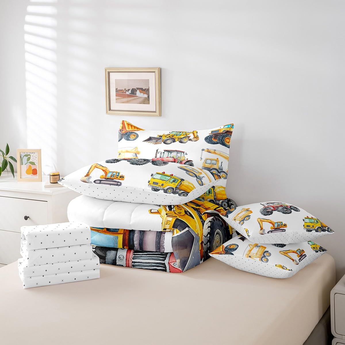 Erosebridal Kids Excavator Bedding Set Twin 7 Piece Retro Truck Comforter Sets Tractor Construction Vehicle Bed in A Bag with Sheets Crane Digger Mixer Bed Set for Kids Boys Teens Child Room