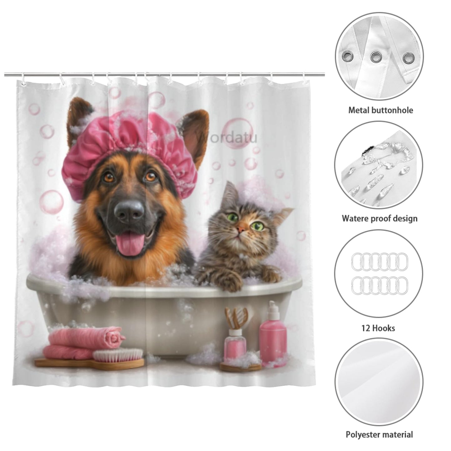 Wordatu Funny German Shepherd Shower Curtain Decor Fabric Bathroom Curtains, Kids Children Cartoon Waterproof 72x72 inch with 12 Hooks