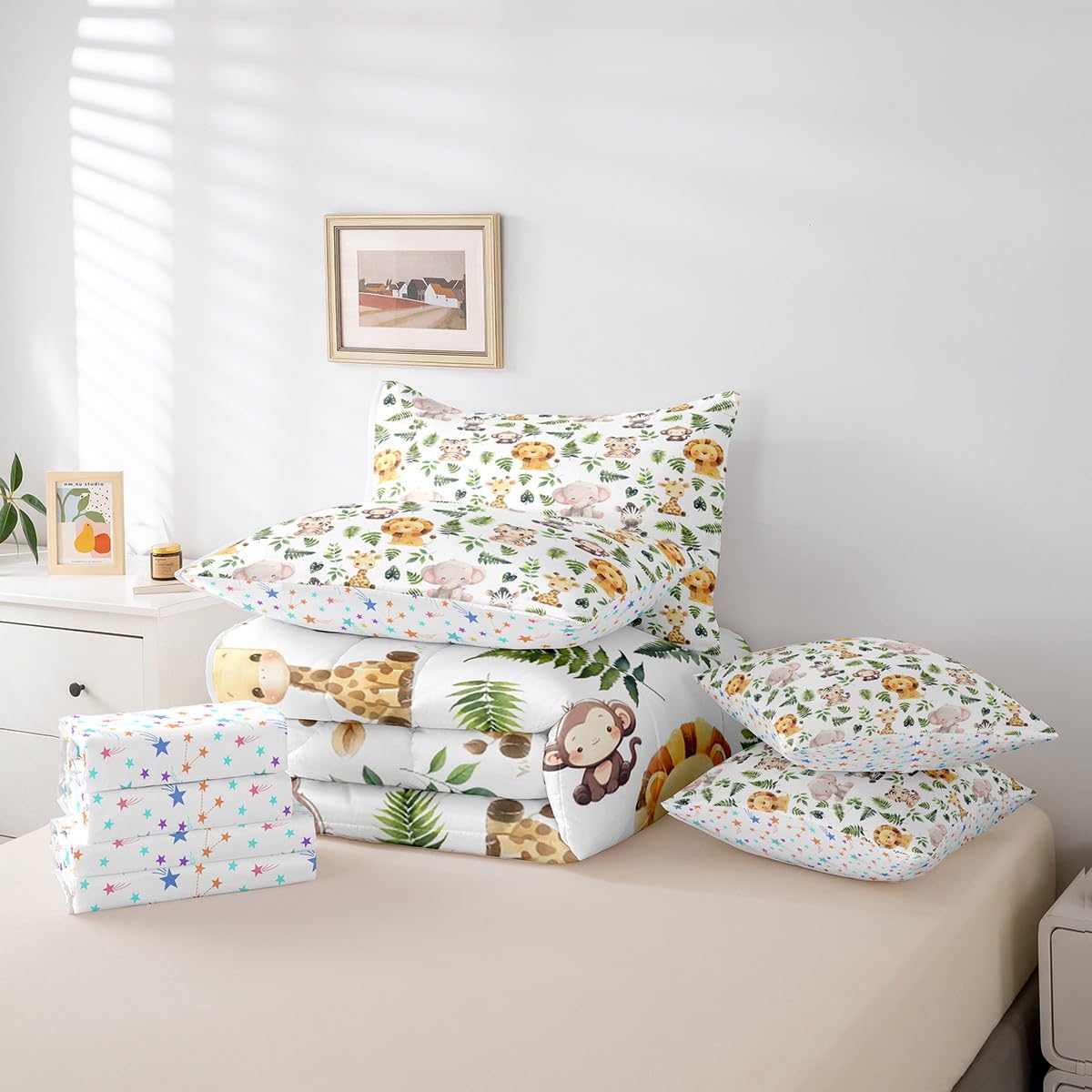 Erosebridal Cute Jungle Animal Twin Size Comforter Set with Sheets Kids Cartoon Zoo Animal 7-Piece Bedding Set Teens Giraffe Elephant Lion Bed in a Bag Green Palm Leaves Bed Quilt Sets