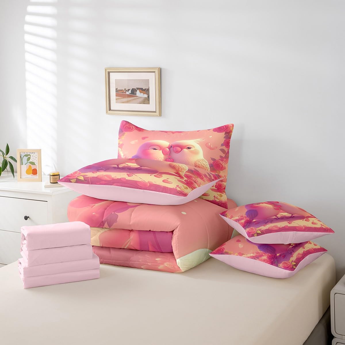 Erosebridal Cute Cardinal Couple Full Comforter Set for Girls Women,Pink Roses Valentine's Day Bed in A Bag Cartoon Animal Lovers 7 Piece Bedding Set Romantic Love Heart Flowers Bed Set