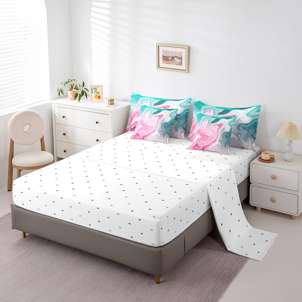 Erosebridal Marble Bed in A Bag with Sheets,Abstract Abstract Fluid Bedding Set Pink Green Gradient Twin Comforter Set 7 Piece for Kids Teen Adults,Marbling Sheet Set with Comforter