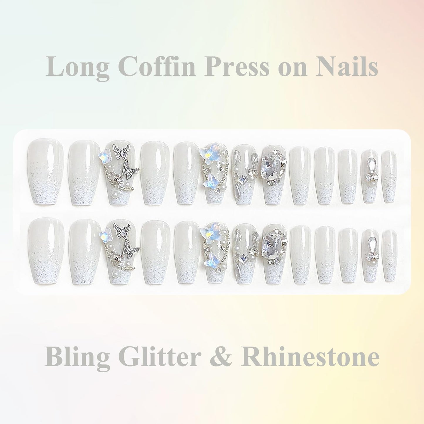 MISUD Press on Nails - Long Coffin Fake Nails with White Rhinestone, Acrylic Handmade Design 24 pcs