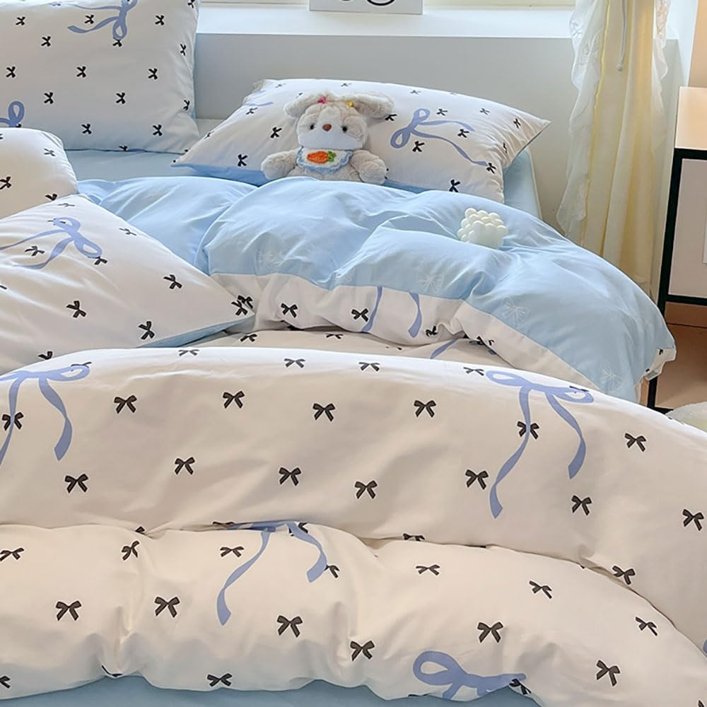 Sedefen Blue Bow Duvet Cover Queen Size Black Bowknot on White Duvet Cover 3 Pieces Kids Boys Girls Cute Bows Printed Princess Style Bedding Set with 2 Pillowcases Soft Microfiber
