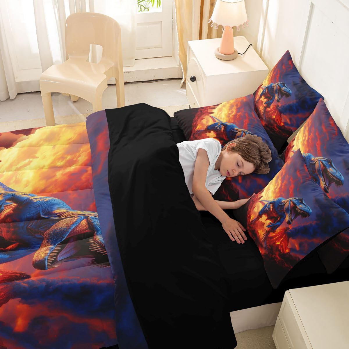 Feelyou Kids Dino Twin Comforter Set with Sheets for Kids Boys Girls Dinosaur 7 Pieces Bedding Set Ancient Jungle Dinosaur Bed in a Bag Volcano Room Decor Yellow Red Soft Lightweight Microfiber