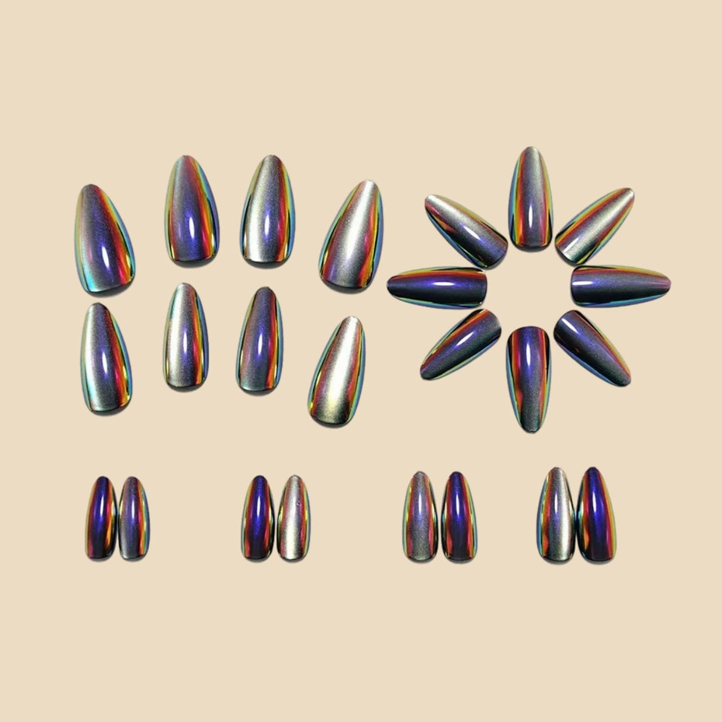 RUOKEXIN Almond Press on Nails Medium Length Fake Nails Black Silver Chrome False Nails with Cat Eye Designs Full Cover Nail Press ons Sparkly Artificial Nails for Women 24Pcs