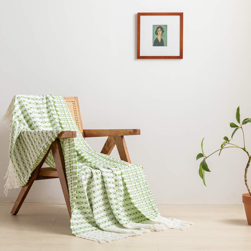 Simple&Opulence 100% Cotton Throw Blanket for Bed, Couch, Yarn Dyed Cable Knitted Jacquard Woven Blanket with Tassels, Soft Lightweight Cozy Breathable Farmhouse Decoration for All-Season(Green)