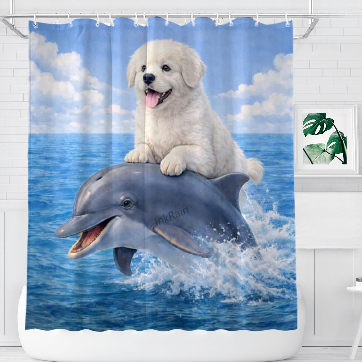 InkRain Ocean Great Pyrenees Shower Curtain with 12 Hooks Cute Puppy Riding Dolphin Bathroom Decor Waterproof Polyester Fabric Coastal Beach Bath Curtain 72x80 Inch