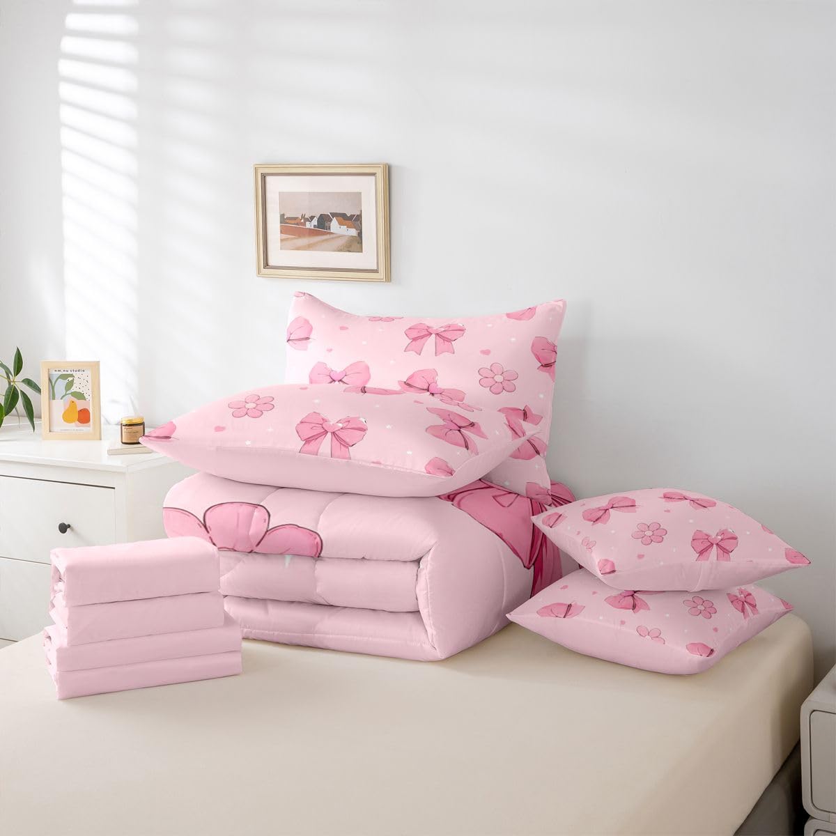 Erosebridal Pink Bows 7 Piece Comforter Set King Size Girly Bowknot Bedding Set for Kids Girls Bedroom Pink Bows Comforter with Sheets Microfiber Bow Ribbon Heart Pattern Quilt Set Flower Bed Set