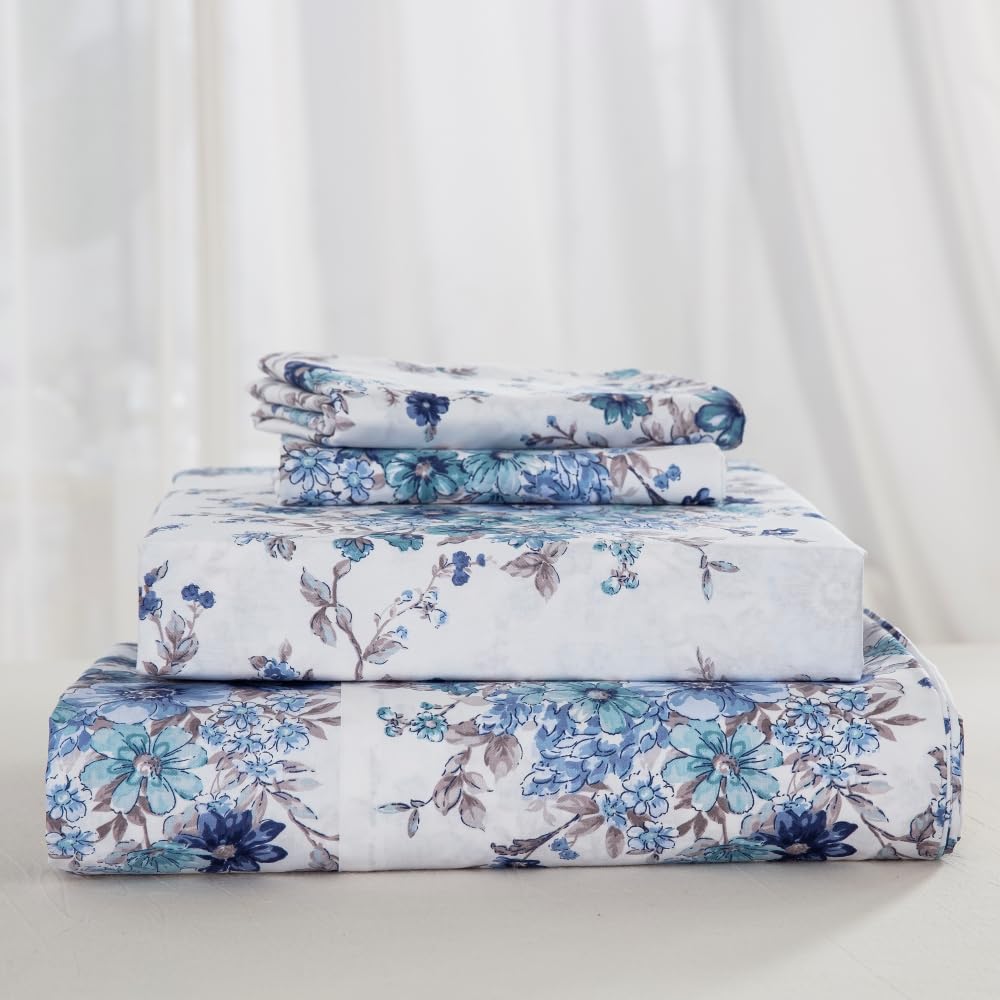 DAUAOTO King Size Printed Sheets Set, 100% Cotton Bedding Sets, Up to 14" Deep Mattress, Floral Pattern Bedlinen Set, French Blue
