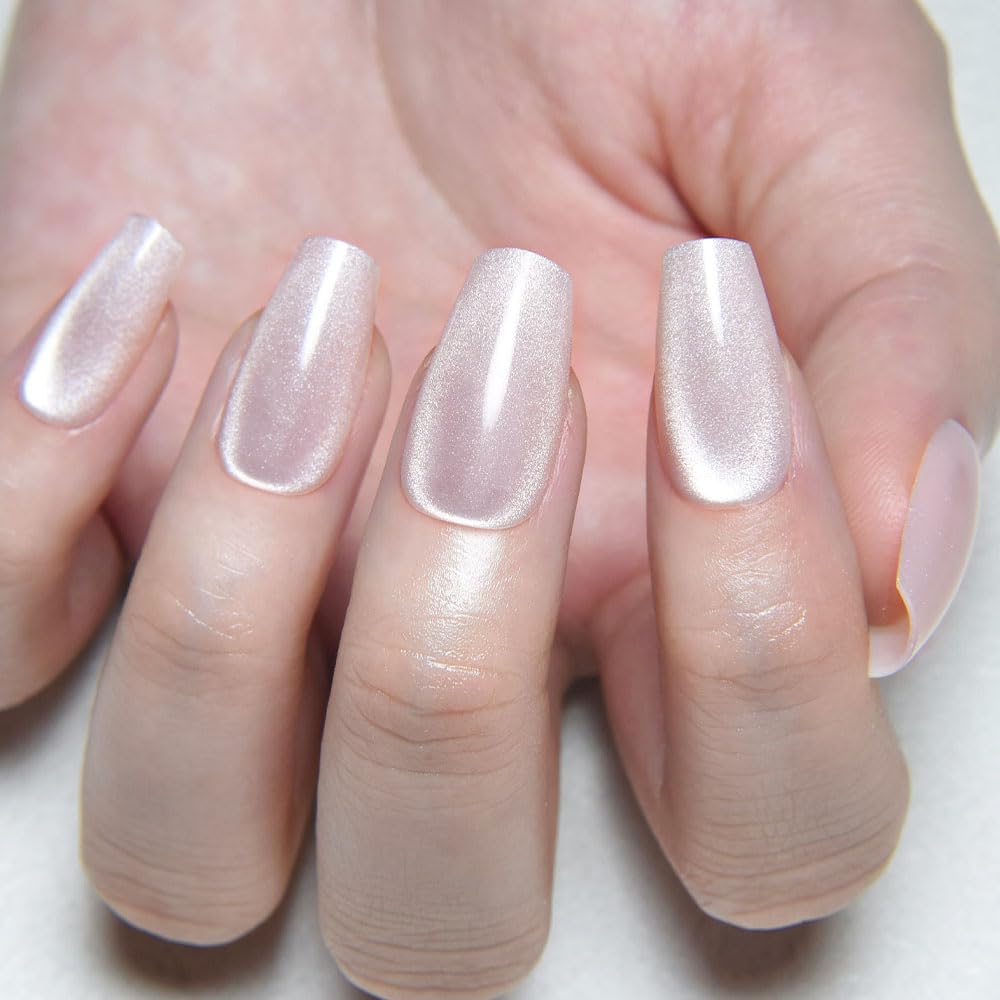 evpct Pearl White Nude Cat Eye Coffin Press on Nails Medium Square No Glue, Stick on Nail Medium Square for Women, Pearl Metallic Glitter Glossy Reusable Soft Press on Acrylic Fake Nail with Designs