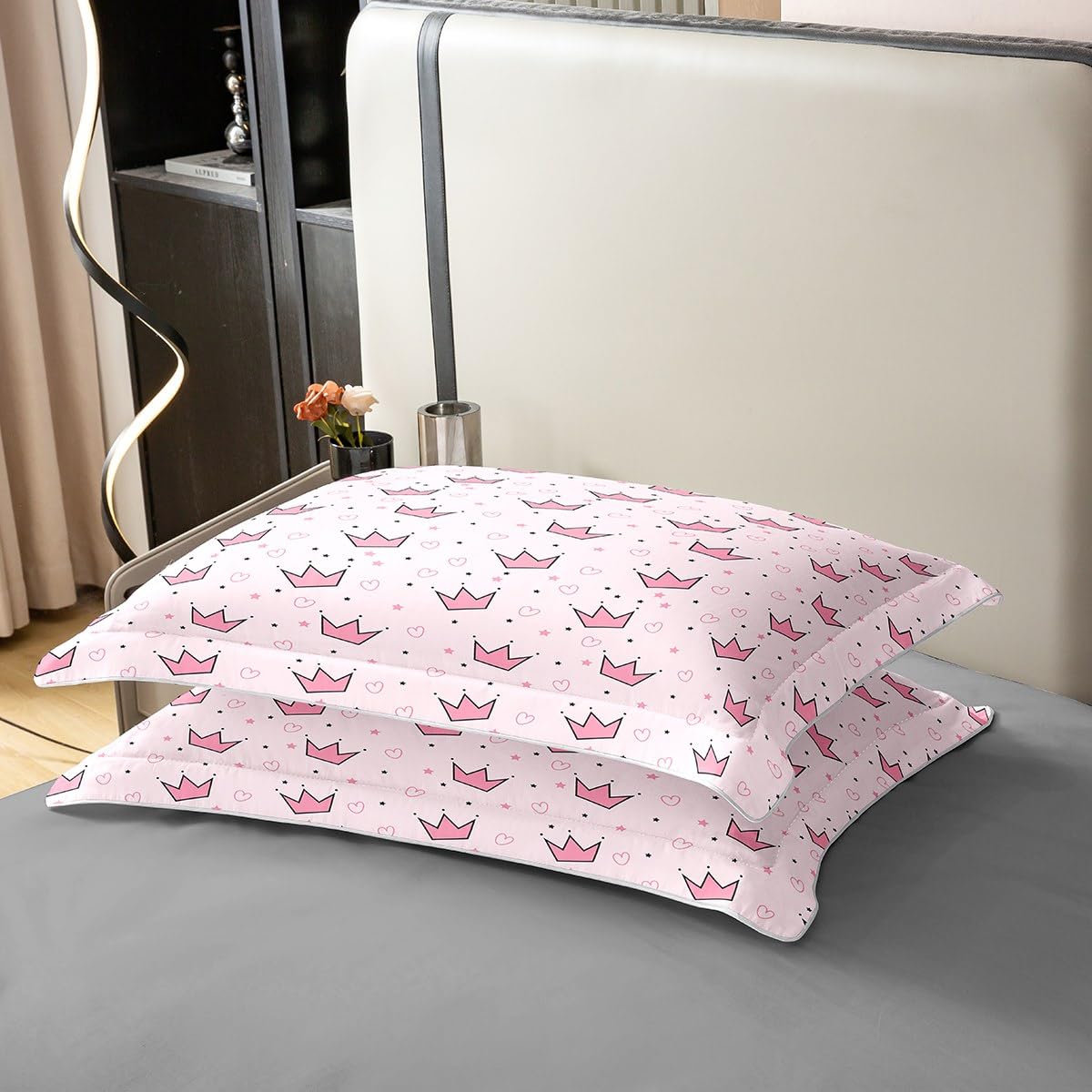 Manfei Princess 100% Cotton Duvet Cover Set Twin Size, Pink Crown Print Bedding Set 2pcs, Cute Crown Hearts Stars Print Quilt Cover, Kids Girls Women Room Decor, 1 Pillowcase,No Comforter