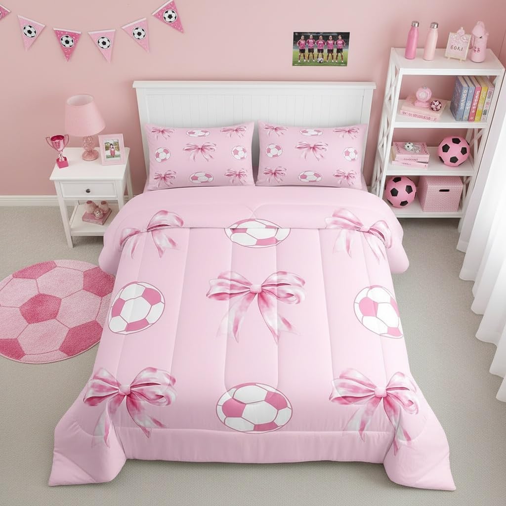 Football Pink Comforter Sets Full Size,Girly Soccer Bow Bedding Sets,Cute Bowknot Princess Style Quilted Duvet for Kids Teens Girls Woman Room Decor,Sport Lover Duvet Insert,2 Pillowcases