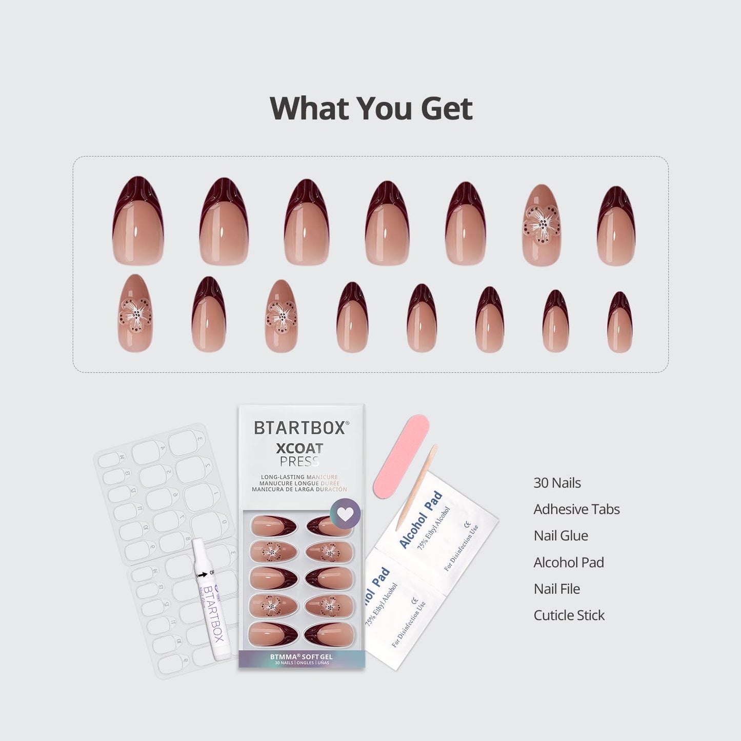 BTArtbox Press On Nails Medium - Rosewood, 3D Flower Almond Brown French Tip Press On Nails with Glue and Adhesive Tabs for Women, Soft Gel Glue On Nails in 15 Sizes - 30 Stick On Nails Kit