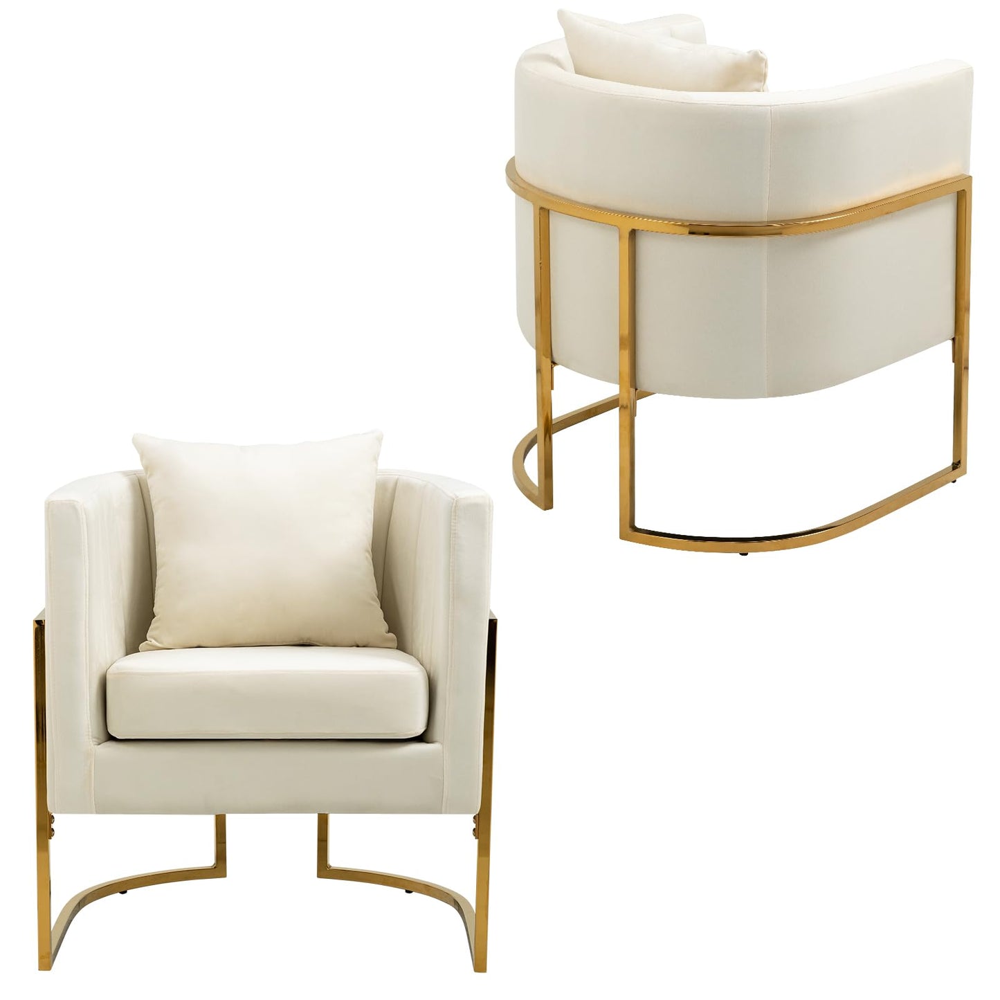 Newnno Velvet Accent Chairs Set of 2, Mid Century Modern Upholstered Barrel Armchair with Pillow for Living Room, Comfy Single Club Chair with Metal Gold Legs for Bedroom, White