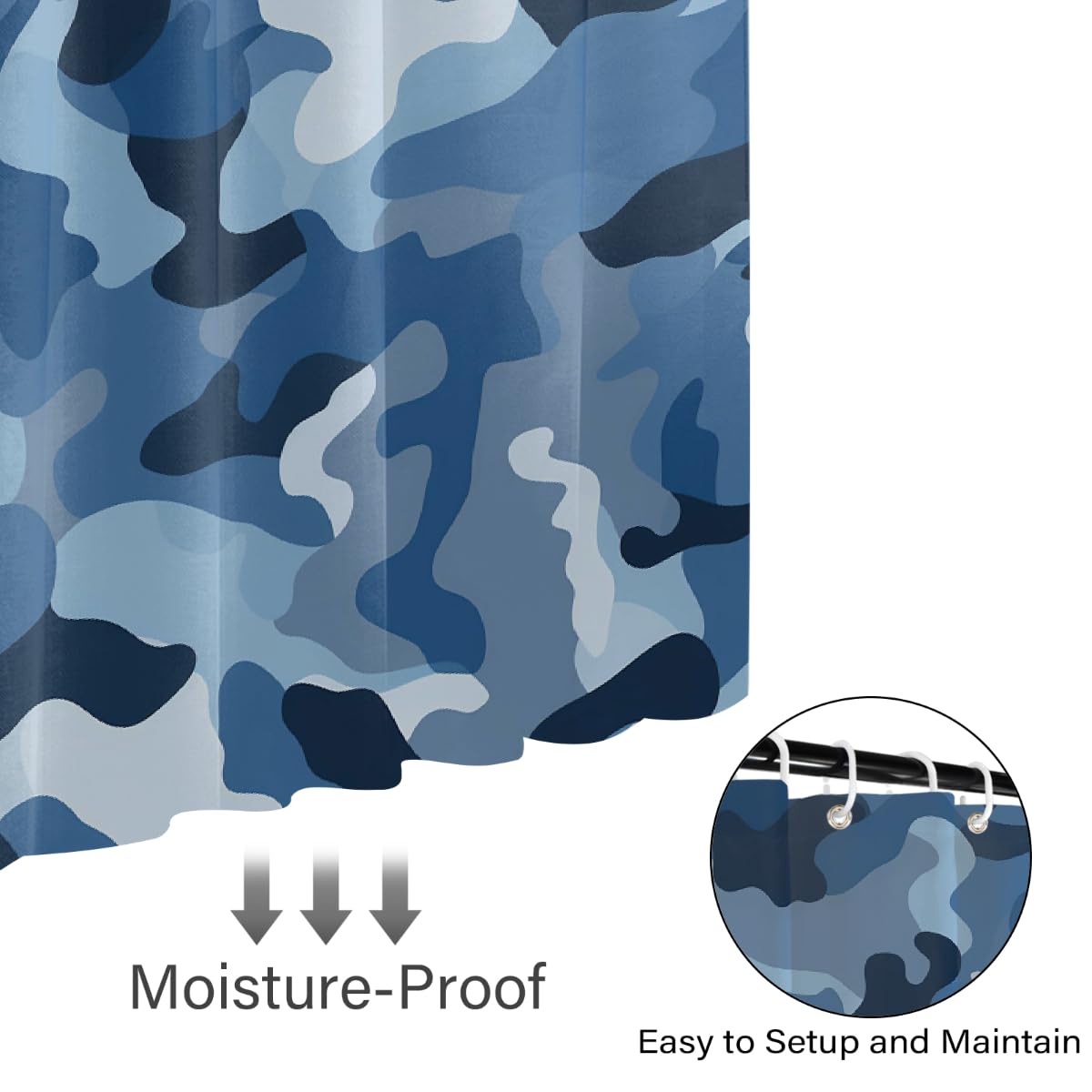 Ivolege Shower Curtain with Hooks, Classic Blue Camo Print Shower Curtain