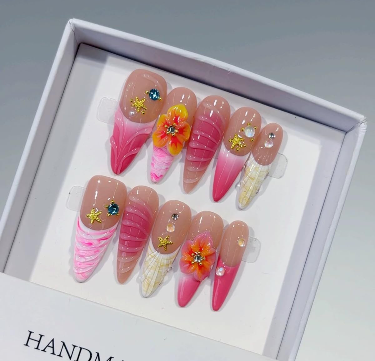 Handmade Press on Nails Pink French Tip Fake Nails Long Stiletto False Nails with 3D Flower Beach Designs Sparkly Rhinestones Charm luxury Artificial Nails for Women (Size M）10pcs