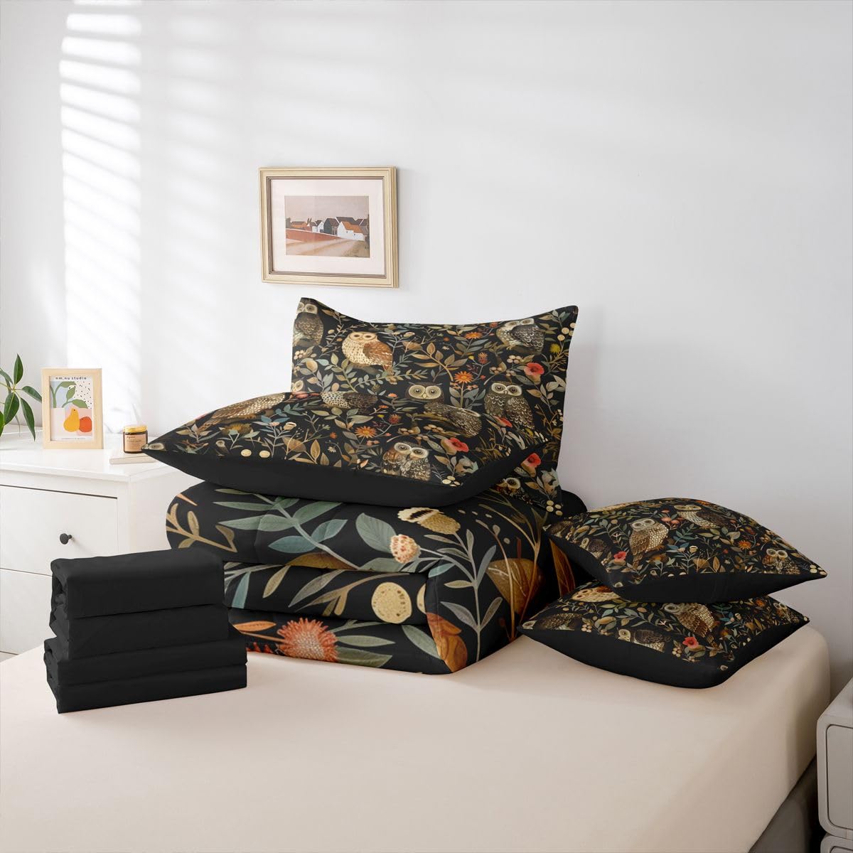 Erosebridal Kawaii Owl Queen Comforter Set 7 Pieces,Black and Brown Bed in A Bag,Wild Anima Bedding Set with Comforters, Sheets, Pillowcases Cute Bird Bedroom Decor
