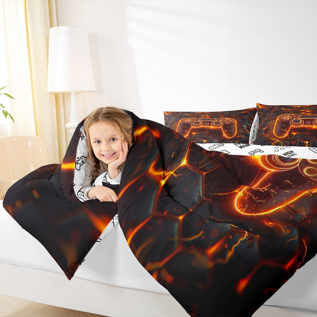 Manfei Gaming Gamepad Kids Comforter Set Twin Size,Modern Video Games Controller Bedding Set,Boys Men Room Decor,Neon Geomotric Honeycomb Hexagon Down Comforter,Black Orange Duvet Insert,1 Pillowcase