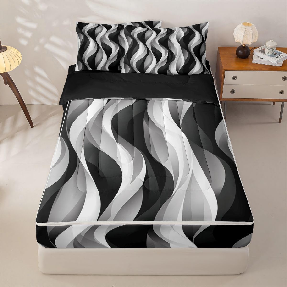 Erosebridal Modern Grey Black and White Striped Zipper Bedding for Adult Women Men - Gray and White Twin Size Comforter Set Graffiti Lines Sheets and Pillowcases Abstarct Modern Zipper Bedding Set