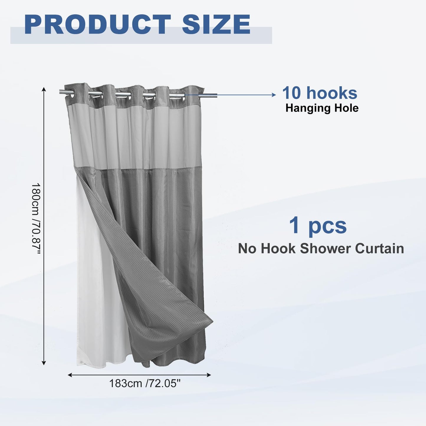 DTGN No Hook Shower Curtain, 71Wx72L Polyester Snap-in Removable Liner Set, Waterproof Washable Waffle Weave Textured Shower Curtains for Home Bathroom Hotel, Dark Gray