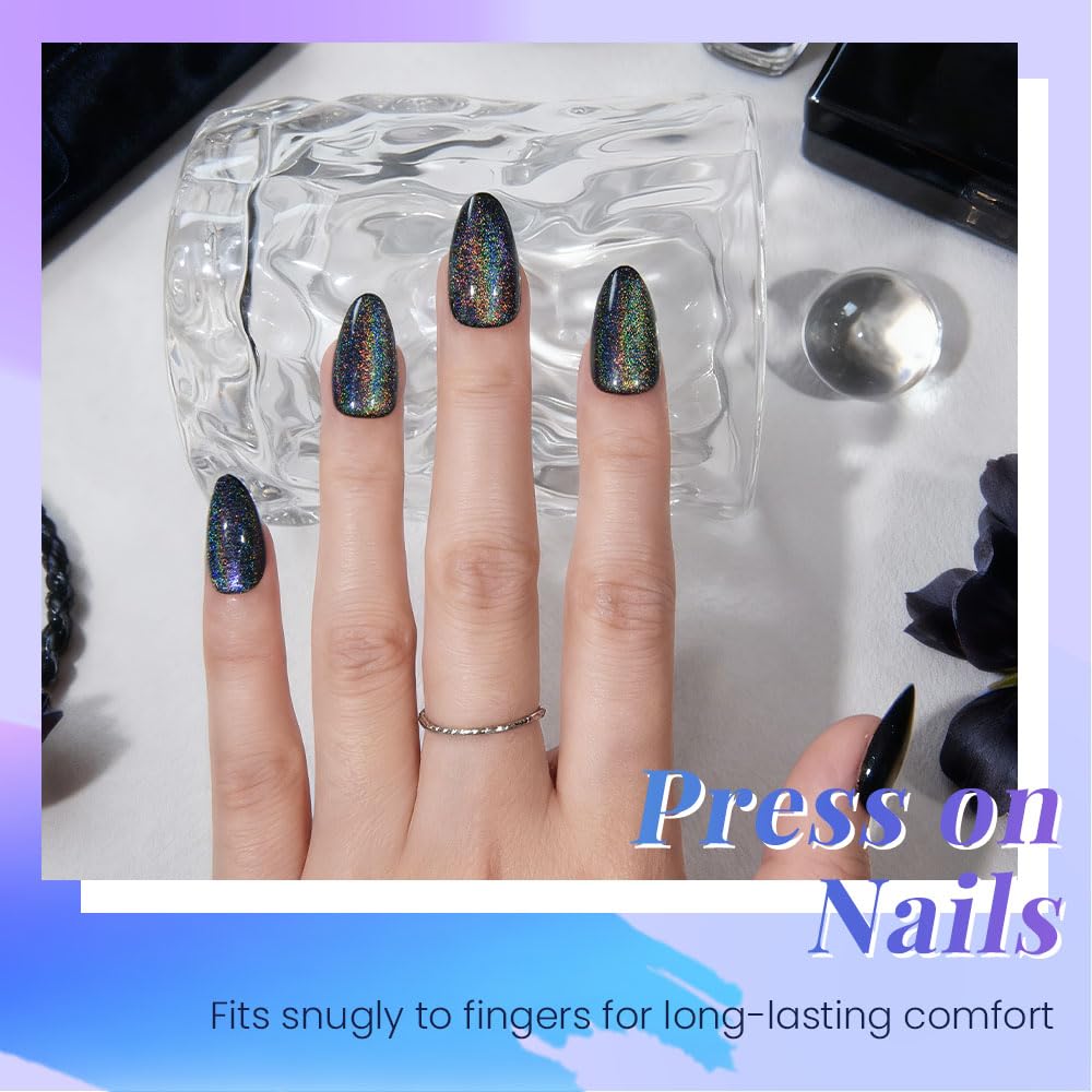 evpct Black Cat Eye Press on Nails Short Almond No Glue, Iridescent Colorful Metallic Glitter Glossy Stick on Nail for Women Gift with Kit, Reusable Full Cover Soft Gel Press on Fake Nail with Design