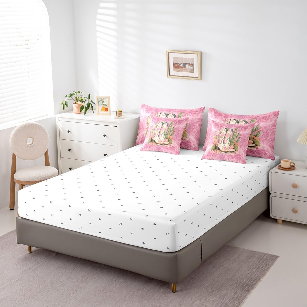Feelyou Cowgirl Boots Comforter Set 7 Pieces Twin Size Kids, Western Pink Cow Fur Print Bedding Set Boys Girls, Floral Bed in a Bag,Comforter + Sheets + Pillowcases + Cushion Covers（No Real Fur）