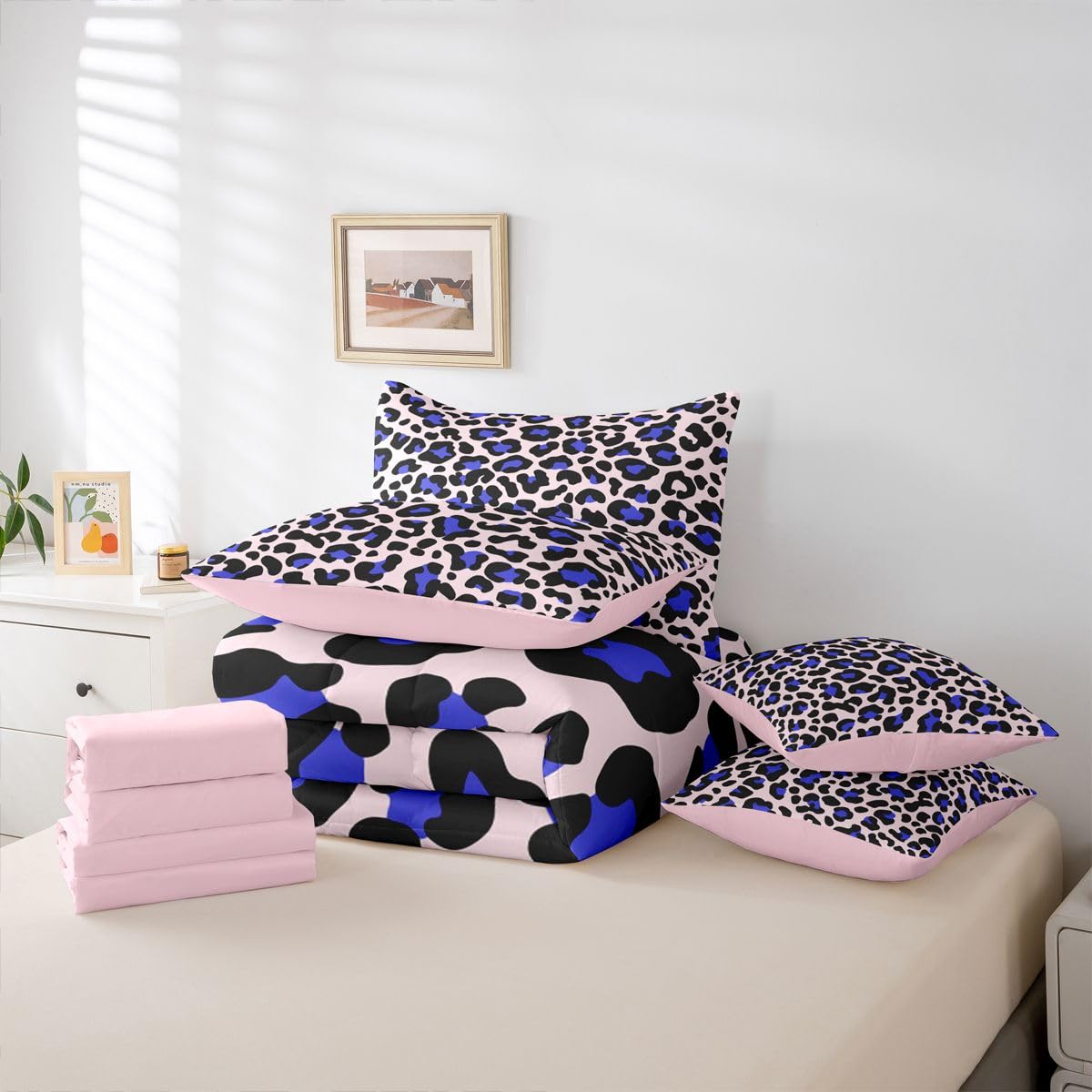 Erosebridal Cheetah Print Comforter Set King Size for Boys Pink Leopard Print Bedding Set 7 Piece Cat Panthera Animal Skin Bed in A Bag for Kids Teens Youth Women Room African Safari Wildlife Sheets