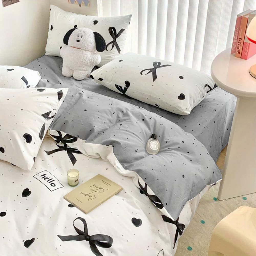 Sedefen Bow Duvet Cover Queen Size Heart Bows Printed Duvet Cover Set 3 Pcs Kids Girls Cute Love Pattern Dot Reversible Bedding Set with Zipper Ties Soft Breathable Microfiber