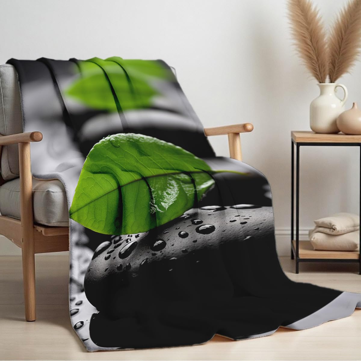 HUNXIAOJ Zen Stone on Water Print Blanket Black and White Flannel Blanket Spa Throw for Home Bedding Couch Bed Yoga Room Meditation Decor Gifts (49"x59")