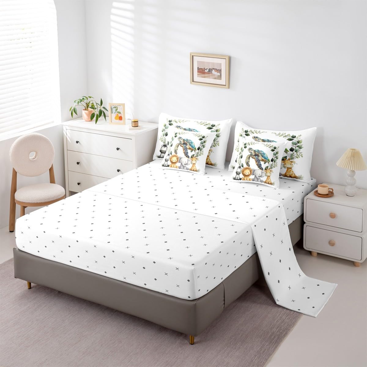 Erosebridal Cute Zoo Animal Twin Size Comforter Set with Sheets Kids | Tortoise Sea Turtle 7-Piece Bedding Set Botanical Eucalyptus Bed in a Bag Cartoon Zebra Lion Elephant Giraffe Bed Quilt Sets