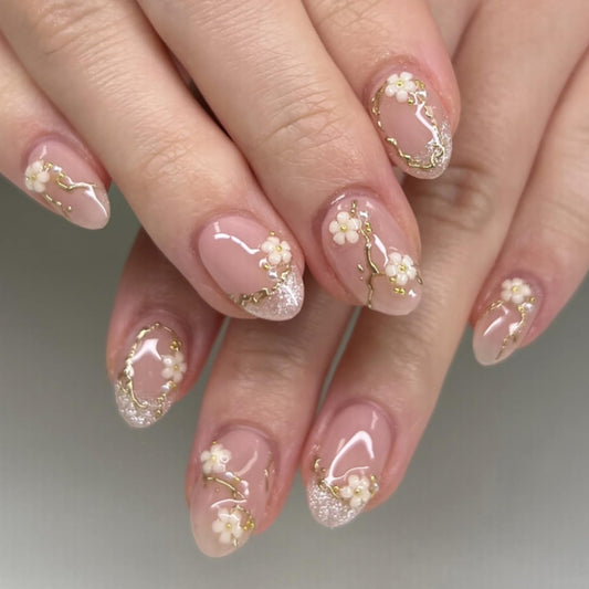 Flower Press On Nails Short Almond Nude Pink Spring False Nails With 3D Flowers Designs Gold French Nails Press Ons Artificial Acrylic Nails Full Cover Glue On Nails Stick On Nails For Women