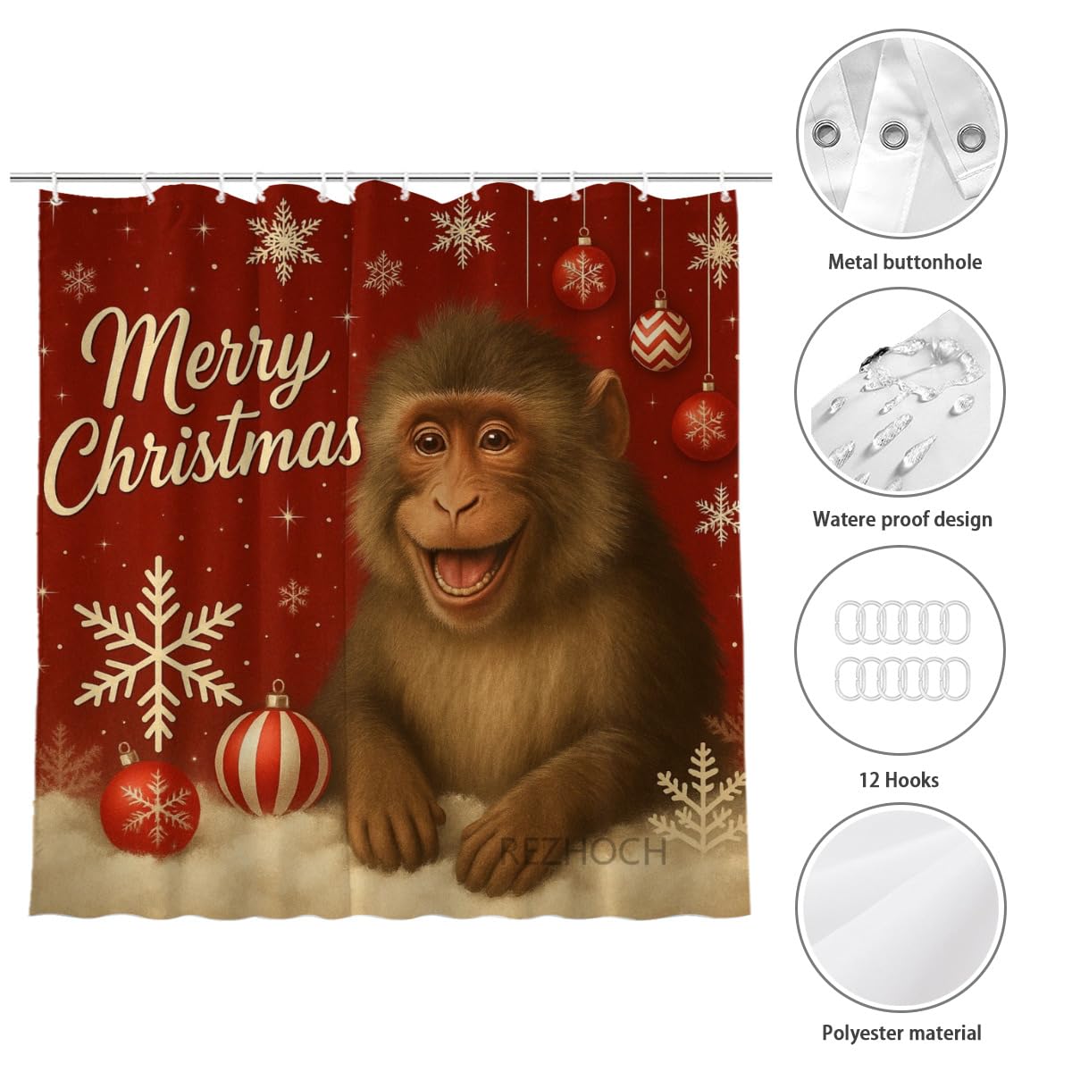 REZHOCH Christmas Funny Baboon Red Shower Curtain Durable Waterproof Fabric Bathtub Sets Cute Animal Holiday Decor Home Bathroom Winter Festival 72x72inch with 12 Hooks