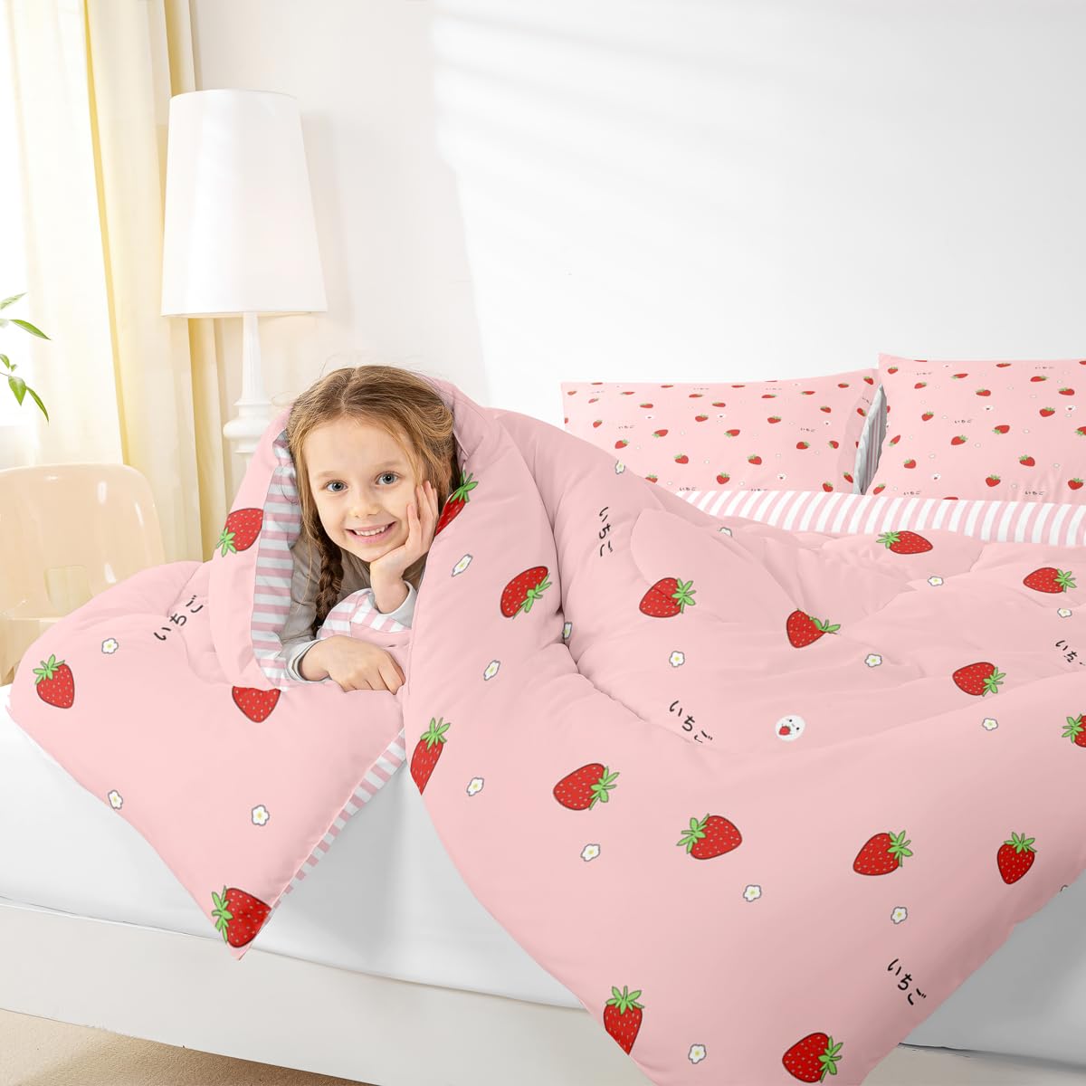 Erosebridal Cute Strawberry Comforter Set Queen Kawaii Japanese Bedding Set, Red Reversible Soft Sweet Cartoon Fruit Duvet Set for Girls Kids Gift Pink Warm Down Comforter Room Decor