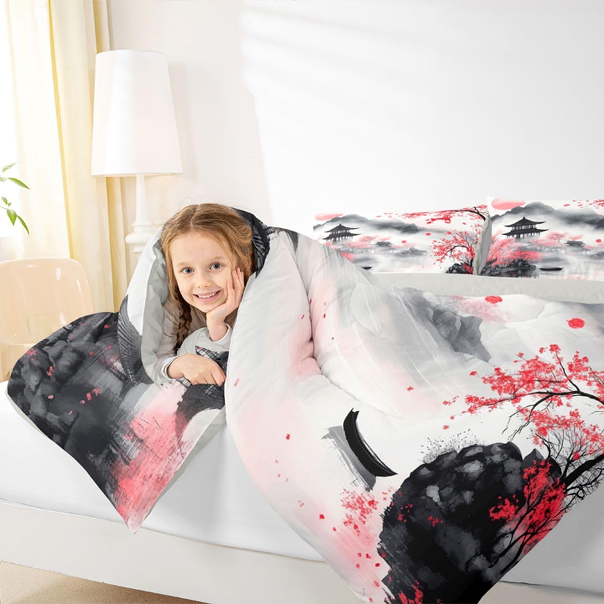 jejeloiu Chinese Ink Painting Bedding Set Soft for Boys Girls, Cherry Blossom Comforter Set Queen Size Mountain Duvet Quilt Microfiber Japanese Style Bedroom Decor 3 Pcs with 2 Pillow Cases