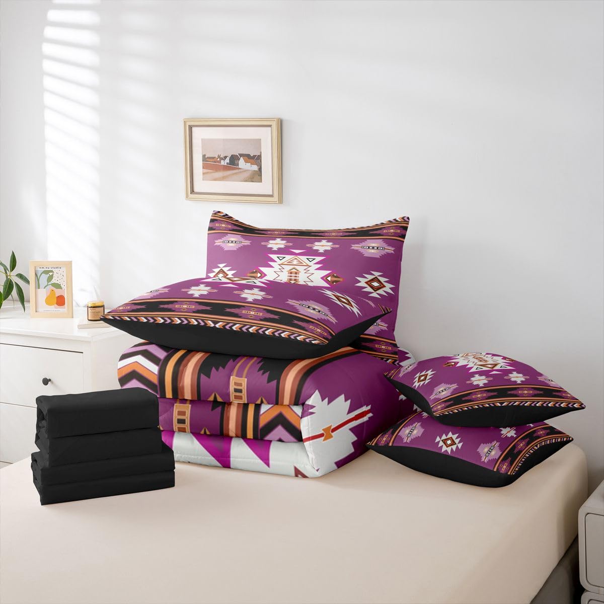 Erosebridal Western Comforter Set 7 Piece Bed in a Bag Twin | Bohemian Decor Geometric Bedding Sets Boho Aztec Comforter and Sheet Set, Ethnic Tribal Arrow Bed Sets,Purple