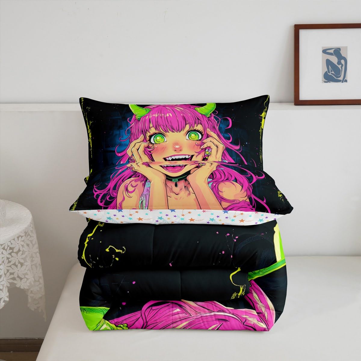 Erosebridal Anime Girl Comforter Set Full Size, Japanese Anime Bedding Set for Kids Boys Teens Bedroom Decor, Cartoon Girl Quilt Kawaii Japanese Animation Duvet Insert with 2 Pillow Cases