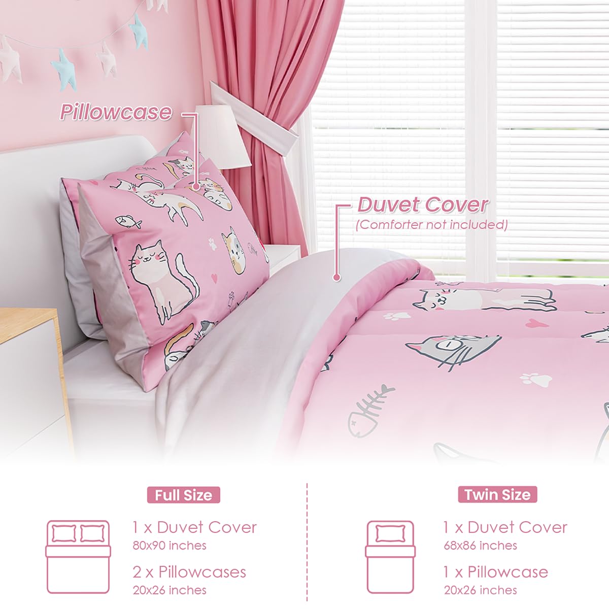 SANDJEST Cat Duvet Cover Sets Full Size for Kids Girls, Incude 1 Polyester Comforter Cover 80x90 Inches and 2 Pillowcases 20x26 Inches, Comforter Not Included, Gift for Christmas Birthday
