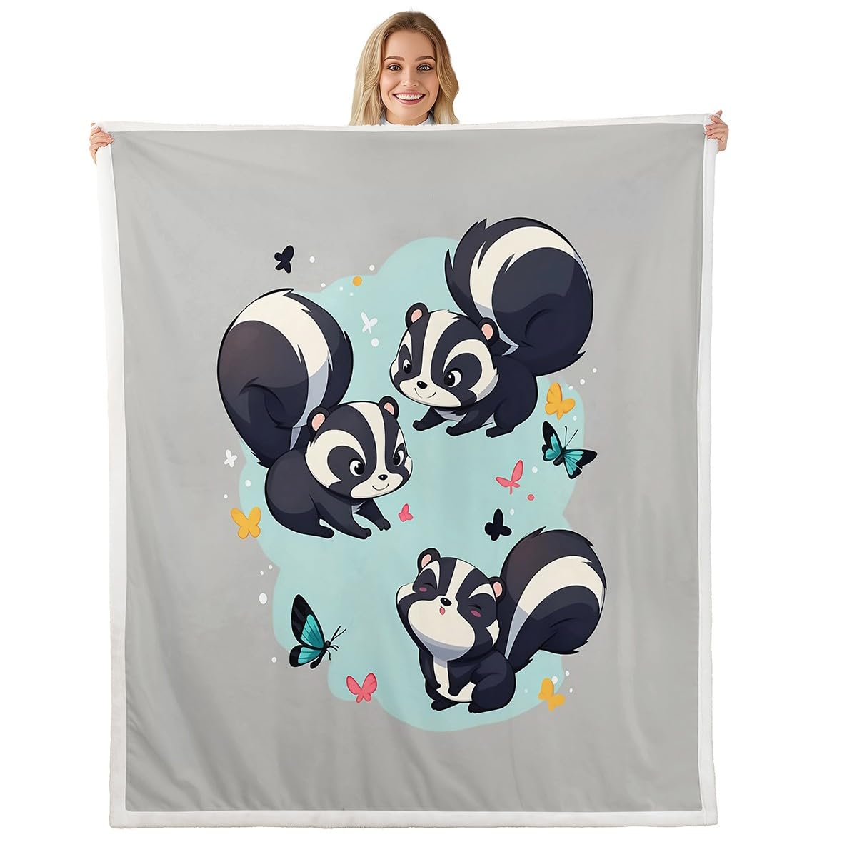 Erosebridal Cute Skunks Sherpa Blankets Throw 50"X60" Kawaii Woodland Wildlife Fleece Blankets Cartoon Skunks Animal Throw Bed Blanket for Kids Boys,Colorful Butterflies Rustic Fuzzy Blanket