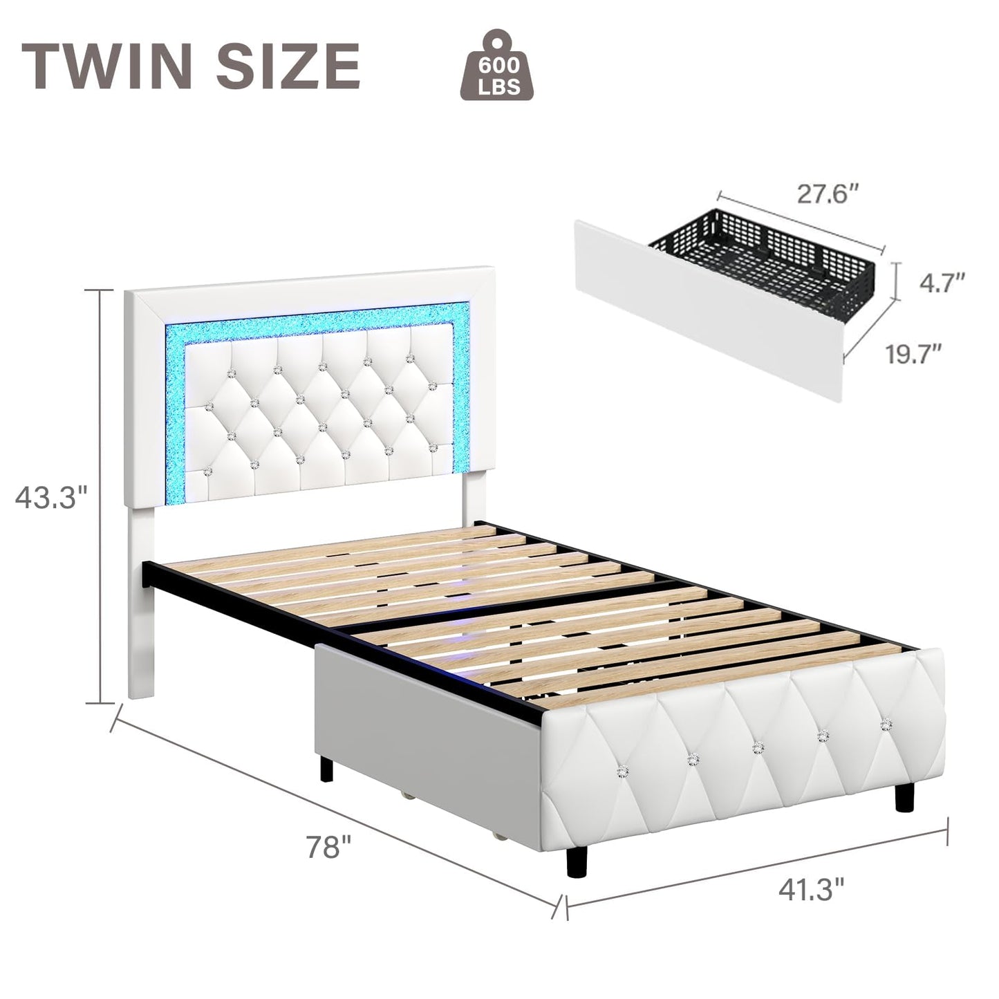 BarnFurin Twin Bed Frames with Storage Drawers and LED Lights, Upholstered Bed with Crystal Tufted Headboard, Princess Platform Bed with Wooden Slats Support, No Box Spring Needed, White