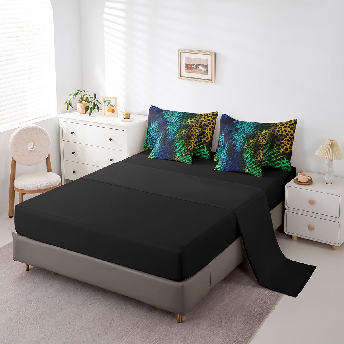 Erosebridal Blue Green Cheetah Print Comforter Set 7 Piece Bed in a Bag Twin,Leopard Print Bedding Sets Wild Animal Hide Sheet Set with Comforter,Wildlife Fur Hair Spot Bed Set