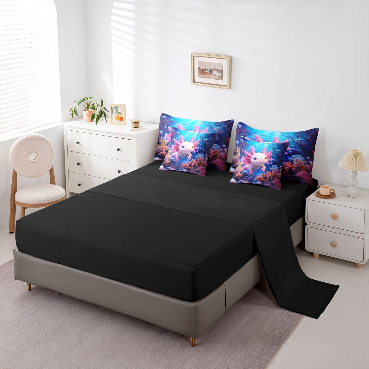 Erosebridal Kids Axolotl Queen Bedding Set for Boys Girls Underwater Axolotl Comforter Set with Flat and Fitted Sheet Coral Reef Seabed World 7-Piece Bed in a Bag 3D Reality Reptile Animal Quilt Sets
